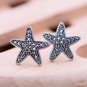 China Starfish Design Thai 925 Silver Earrings Pave Marcastie Retro Women Jewelry（028249） on sale