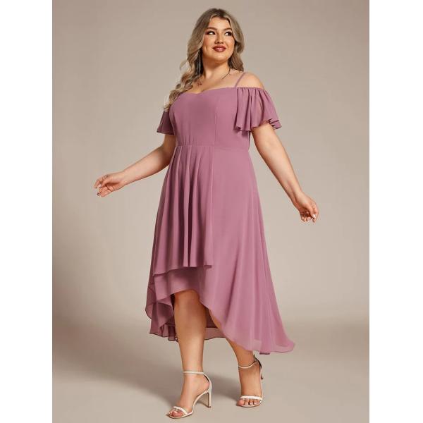 Empire Off-shoulder Spaghetti Strap Zipper High-low Wedding Guest Short Sleeves Purple Orchid Chiffon Homecoming Dress