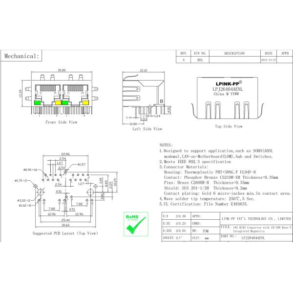 JXR8-1001NL 1x2 Port 10/100 Base-T G/Y Led Ethernet Lan Port Network Jack RJ45 ICM Connector