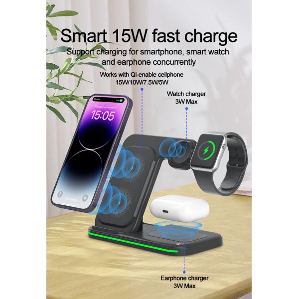 Portable 15W 3 In 1 Fast Charging Desktop Foldable Mobile Phone Universal QI Wireless Charger Stand Holder For Phone Airpod iWatch