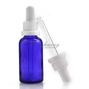 Cylindrical 30ml Blue Oil Dropper Glass Bottle With Gold Dropper