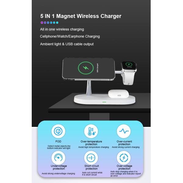 3W Earphone Charging 5-in-1 Magnetic Wireless Charger with USB Output CE/FCC/RoHS Approved