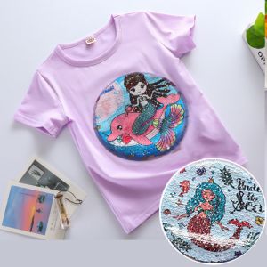 Kids Short Sleeved Cotton Sequins Summer Clothing Double Sided Color Changing