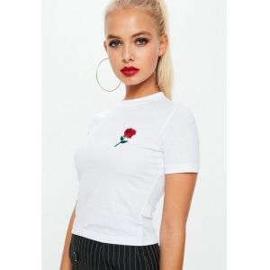 White Rose Embroidered Crop T Shirt Clothing Women