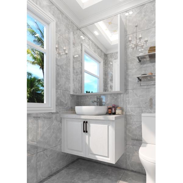 White melamine board vanity with integrated sink