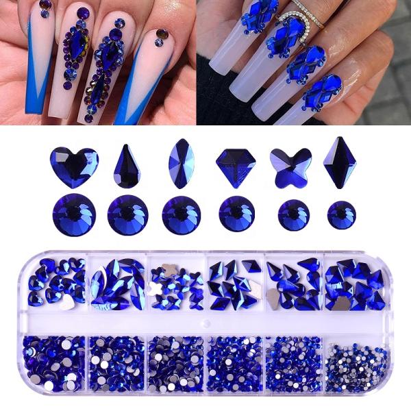 Nail Art Glass Stone strass 12 Grid/box Multi Shapes Mixed Sizes Flat Back Round nail charms in bulk Rhinestones