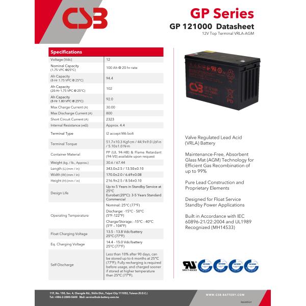 CSB Battery GP121000 12V 100Ah High Performance Rechargeable Maintenance-Free Lead Acid Battery 12V 100Ah