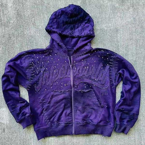 Hoodies Manufacturers Custom Acid Washed Zip up Hoodie Rhinestone Boxy Oversized Hoodie Streetwear Men