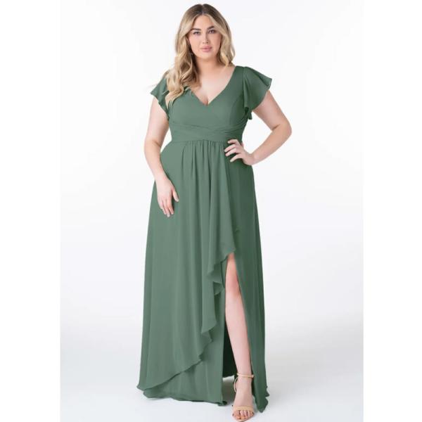 Hot Sale Factory Custom-made Chiffon Long Evening Dress A-Line Princess V-Neck Ruched V back Cap Sleeve