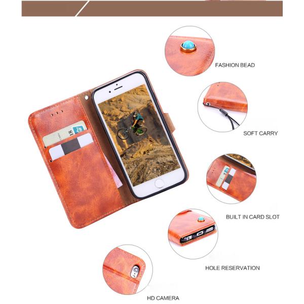 For iphone 8 Retro Cow Real Genuine Leather Wallet Credit Button Card kickstand Phone Case Cover with a lanyard