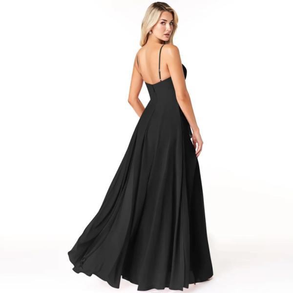 Manufacturer ODM Black Chiffon Bridesmaid Dress Spaghetti Straps Sleeveless A-Line Front Split Slit Sleeveless Pleated