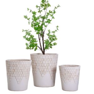Quality Smooth Honeycomb Pattern Neutral Beige Round Fiber Clay Planter for sale