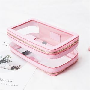 Leather Trimmed PVC Cosmetic Bag Double Zippers