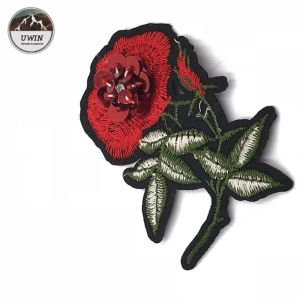 Handmade Rose Embroidery Patch , Flower Sew On Patches With Red Applique