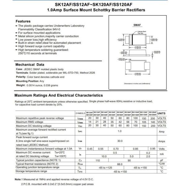 1A Ss12f Thru Ss120f Schottky Barrier Rectifier Diode Smaf Package