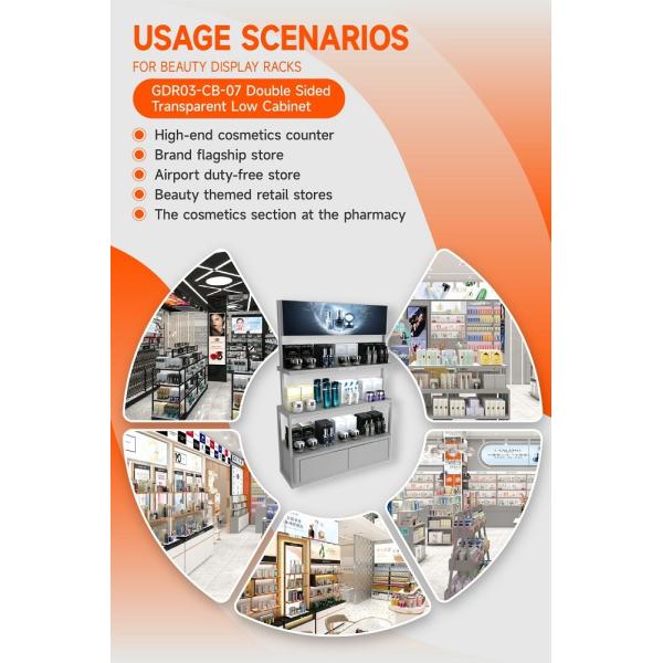 GDR03-CB-07 Double Sided Transparent Low Cabinet With 80mm Soft Film Light Box And LED Strip Lights For Fashion Boutiques