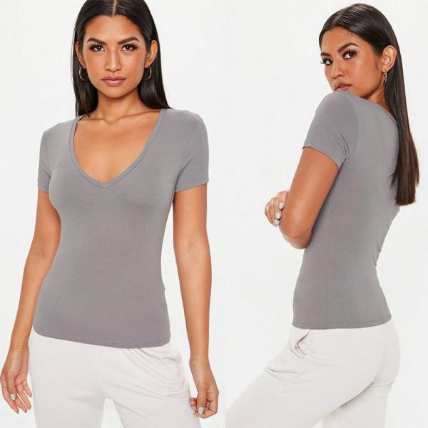 Buy Grey V Neck Fitted T Shirt Clothing Women at wholesale prices
