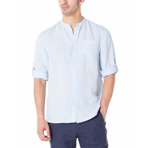 China Casual Band Collar Linen Shirt Solid Color S M L Roll Up Long Sleeve Shirt on sale