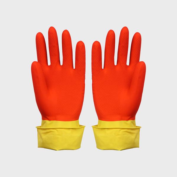 Bi-Color High Latex Content Soft Flocklined Rubber Gloves , Kitchen Dishwashing Gloves
