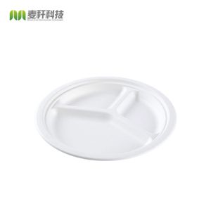 Quality 3 parts Round White Dessert Sugarcane Biodegradable sugarcane Disposable Plate for sale