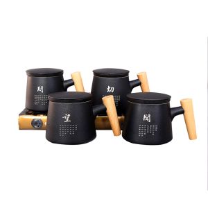 Ceramic Wood Handle Frosted Retro Tea Cup With Separator