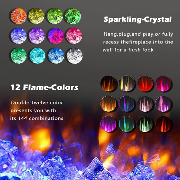 Wall Mounted Electric Fireplace 12 Flame Color Options and Remote Control Included