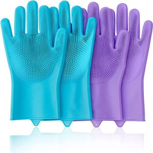 China Purple And Blue Dishwashing Reusable Silicone Gloves For Cleaning on sale