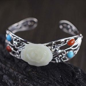Women 925 Sterling Silver Sculptured White Jade Cuff Bracelet(059489)