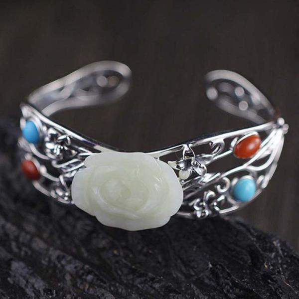 Women 925 Sterling Silver Sculptured White Jade Cuff Bracelet(059489)