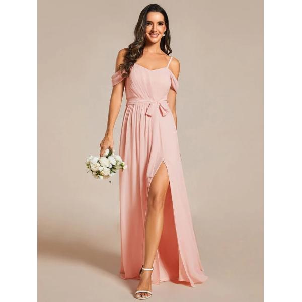 Plus Size A-line Ruffled V-neck Spaghetti Strap High Slit Mint Green Chiffon Bridesmaid Dress