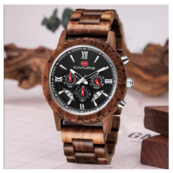 Man Walnut Wooden Quartz Watch Black Dial 6 Pointers 1014-4