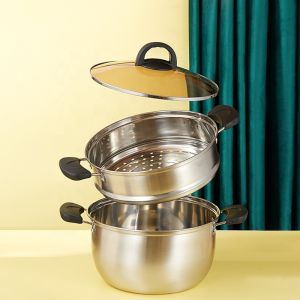 Factory Price Silver Two Layers Stainless Steel Saucepot Food Steamer Pots Soup Pot With Glass Lid