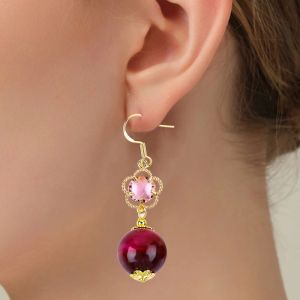 14MM Rose Red Tiger Eye With Pink Flower Charm Round Shape Short Drop Earring