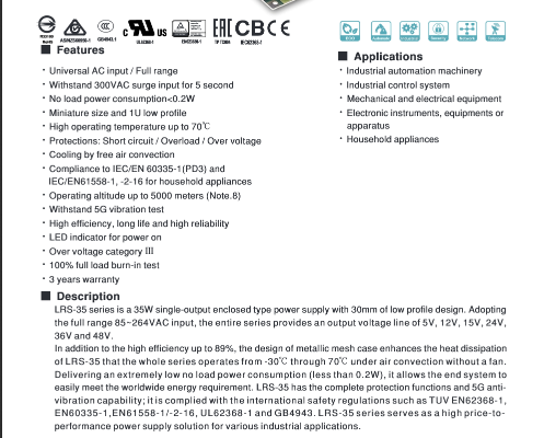Miniature Switching Power Supply Panel Mounting High Efficiency LRS-35-12
