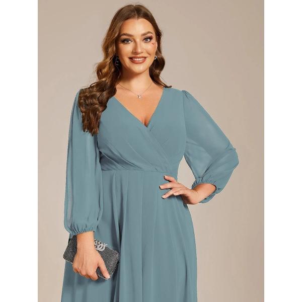 Elegant Empire Long Sleeve V-neck High Low A-line Ruffled Midi Dusty Chiffon Wedding Guest Blue Graduation Dress