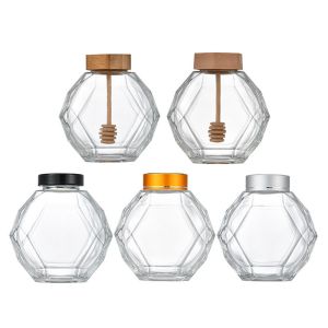 380ml Geometric Hexagon Glass Honey Jars With Metal Lid