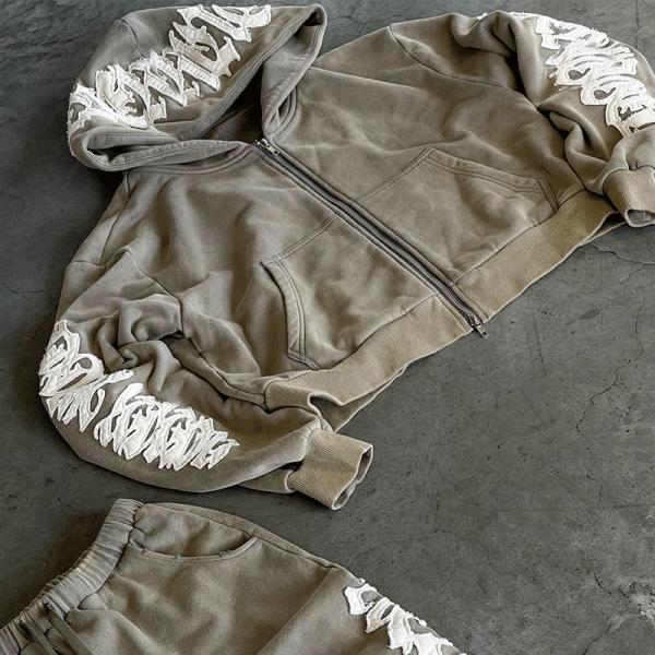 Custom 100% Cotton Distressed Embroidery Applique Embroidery Patch Zip up Plain Hoodies Fitness Men's Jackets Tracksuits for Men