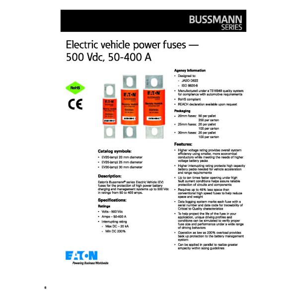 JASO D622 50 - 400A 500VDC Electric Vehicle Fuse