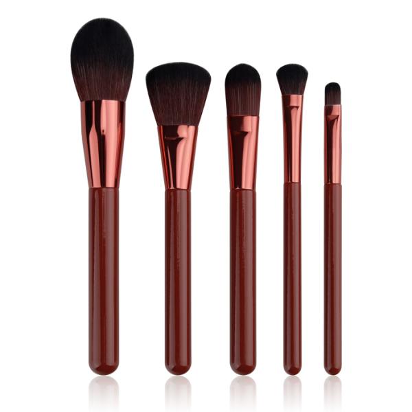 Brown Wooden Handle Makeup Brushes 5 Piece Makeup Brush Set With Pu Cylinder