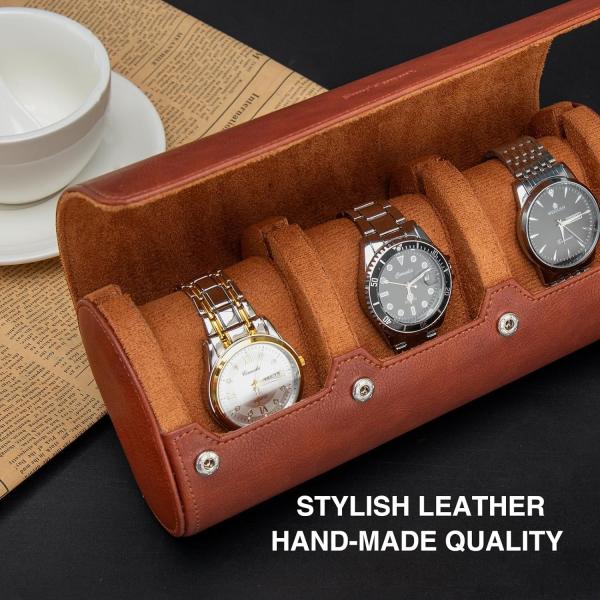 Watch Travel Case, Watch Roll for 3 Watches,Premium Faux Leather, Gift-box packaging【Brown】
