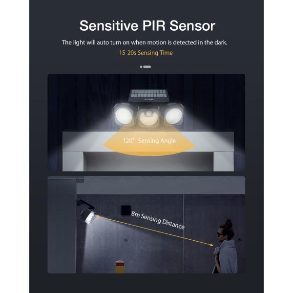 218LED 3 Heads 650lm Solar Power LED Lamp 1.3W IP64 Waterproof Wall Light