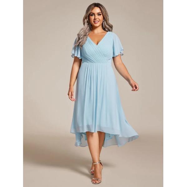 Chic V-neck High-low Short Flutter Sleeves A-line Ruffles Midi Invisible Zipper Sky Blue Chiffon Graduation Dress