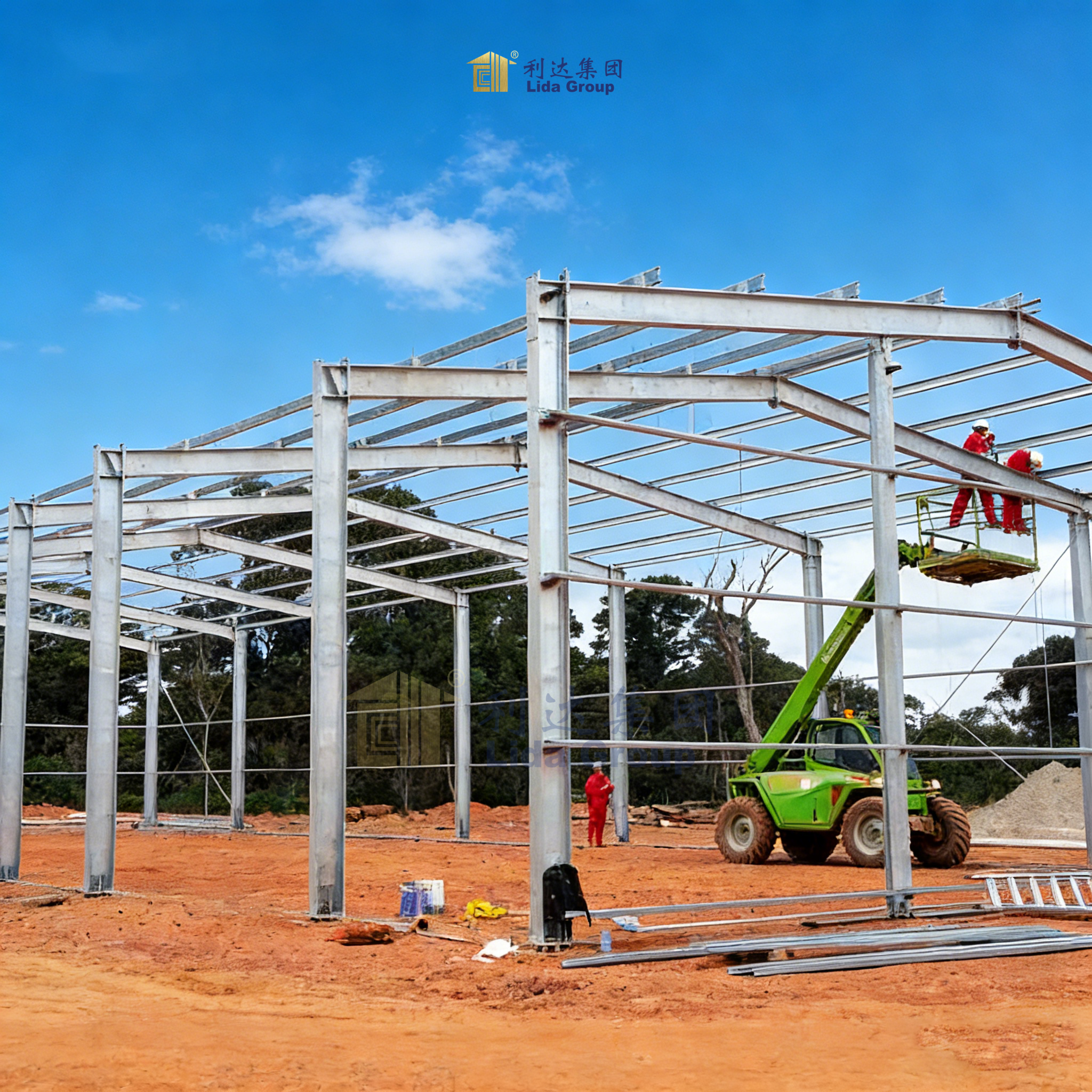 Interior view of steel building construction showing structural framework