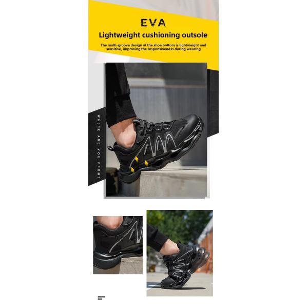 Breathable Microfiber Leather Mesh Safety Shoes With Kevlar Anti-stab Steel Toe And EVA Sole In Black