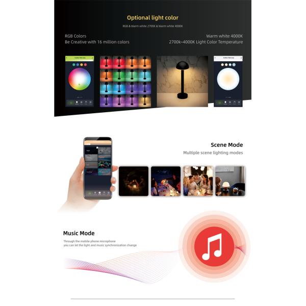 Wi-Fi Rechargeable Table Lamp Dimmable RGBW Night Light, Waterproof for Living Rooms, Bedrooms and Outdoor