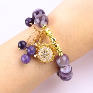 Handmade 12MM Dream Amethyst With Flower Spinner Charm Blessing Crystal Bead