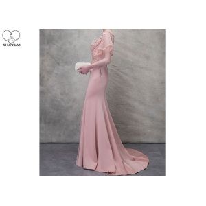 Pink V Neck Mermaid Prom Dress Lotus Leaf Sleeve Top Heavy Beading Backless