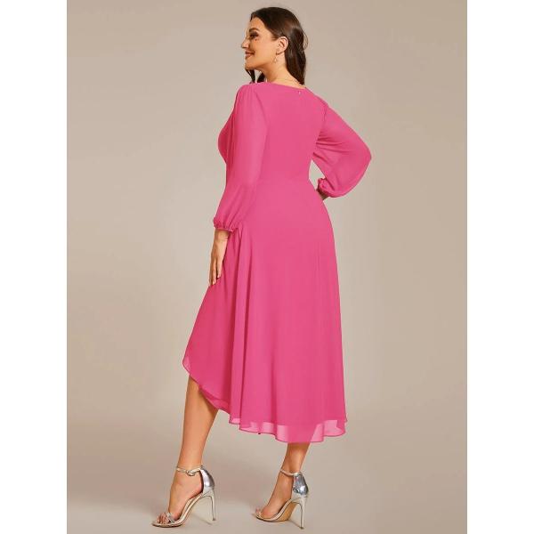 Elegant Empire Long Sleeve V-neck High Low A-line Ruffled Midi Hot Pink Chiffon Wedding Guest Party Dress