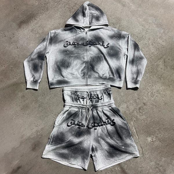 Custom Cotton Full Rhinestone Zip up Sun Faded Double Waisted Baggy Acid Wash Sweat Shorts Set Hoodie and Shorts Set for Men