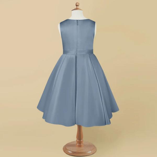 Lovely Girl Kids Dress Blue Satin OEM ODM Baby Flower Girl Dresses Sleeveless Round Neckline Knee-length Ruffles Ball Go